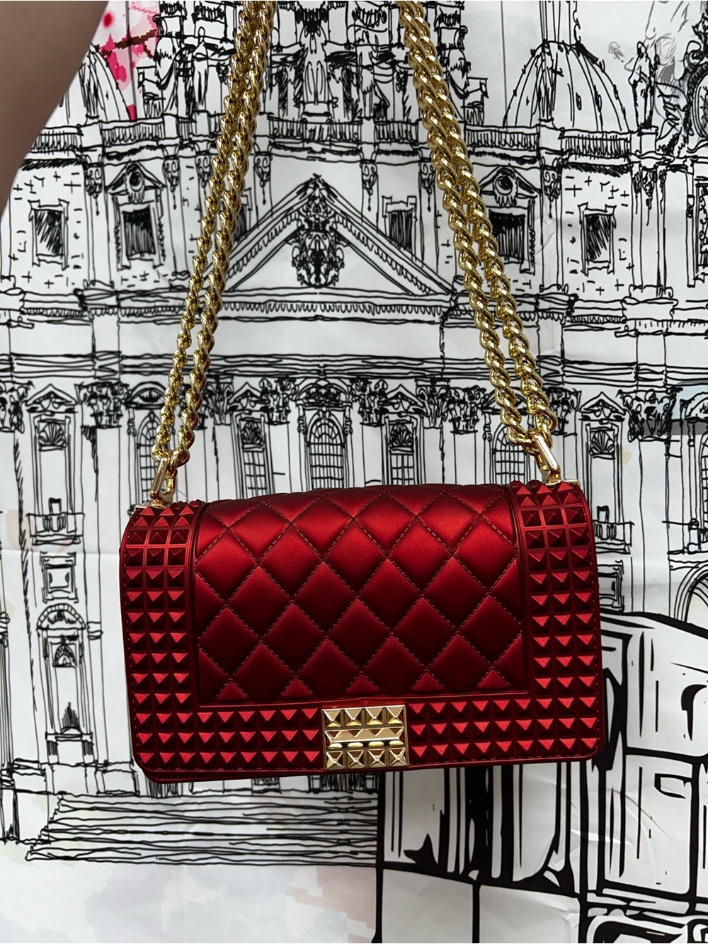Red jelly Studded Shoulder Bag with Gold Chain